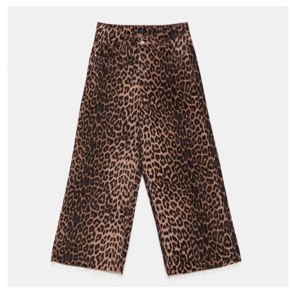 ZARA Leopard Cheetah Animal Print Wide Leg High Waisted Trouser Pants Size 2 - Picture 3 of 10